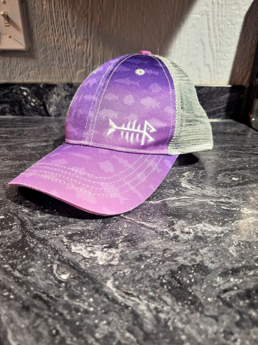 Bassdash Fishing Trucker Hat Purple Fish Skeleton